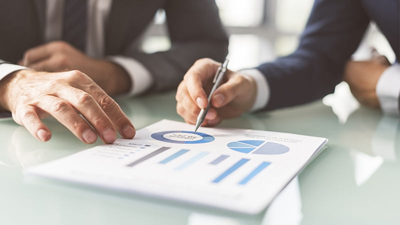 Two businessmen analyzing graph at table
