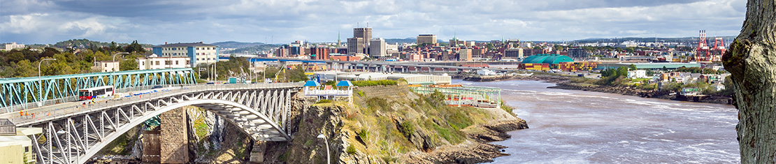 Downtown Saint John in the background with a car bridge over a body of water in front.