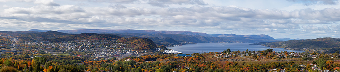 Aerial view of Corner Brook with mountains and water in the back.